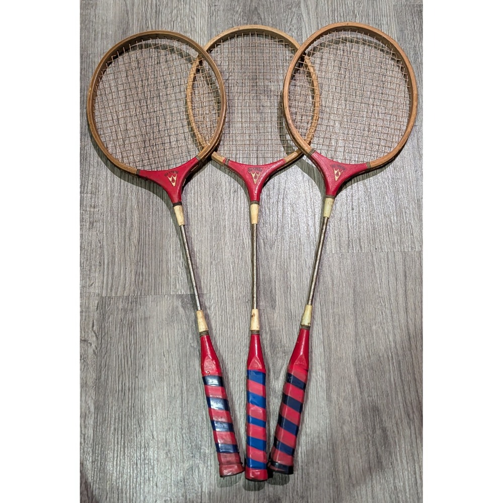 Vintage Hi-Spede Badminton Racquets Set of 3 Wooden Red Blue Striped Handles